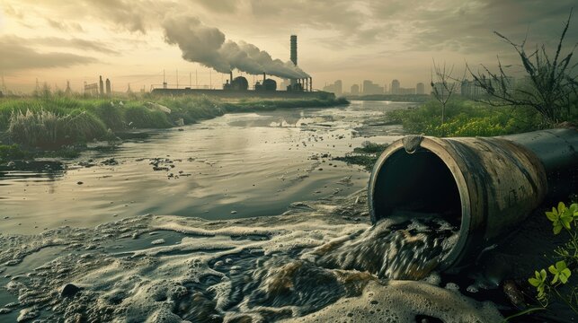 dirty water pollution. Industrial and factory wastewater discharge pipe into the canal and sea, Sewage pipe outfall into the river, the river is polluted. Environmental concept