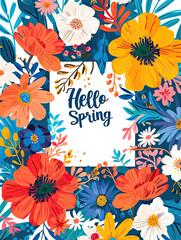 Happy joyful greeting card "Greetings to spring" with flowers and inscriptions, written in a calligraphic handwriting words in a colorful floral design, festive seasonal greetings 5