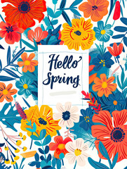 Happy joyful greeting card "Greetings to spring" with flowers and inscriptions, written in a calligraphic handwriting words in a colorful floral design, festive seasonal greetings 4