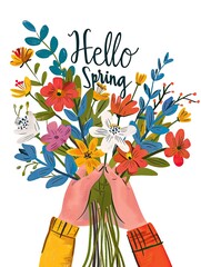 Happy joyful greeting card "Greetings to spring" with flowers and inscriptions, written in a calligraphic handwriting words in a colorful floral design, festive seasonal greetings 1