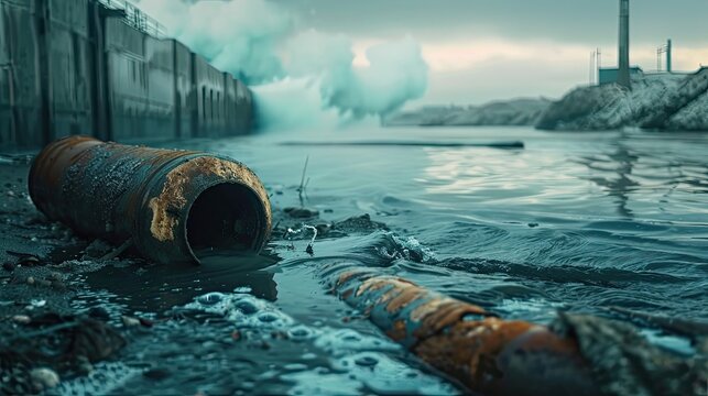 dirty water pollution. Industrial and factory wastewater discharge pipe into the canal and sea, Sewage pipe outfall into the river, the river is polluted. Environmental concept