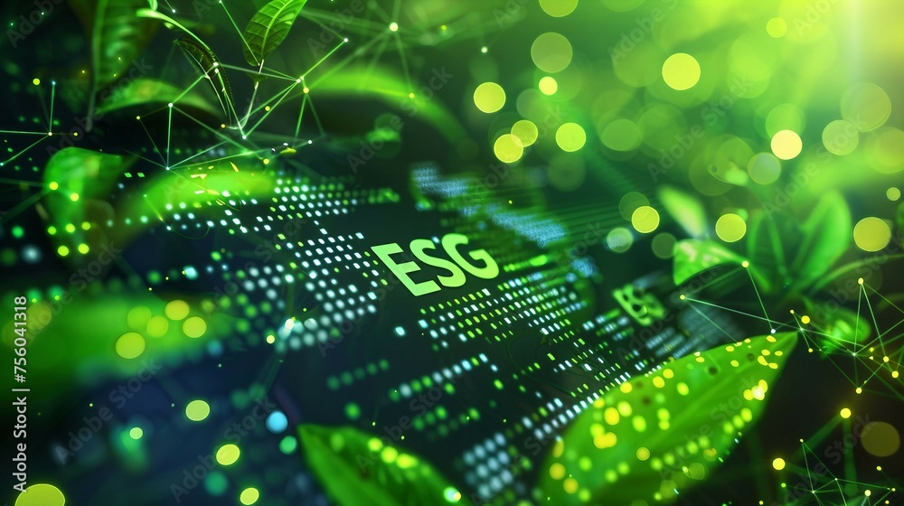 Wall mural digital forest with green matrix binary code forms the letters esg , symbolizing the concept of envi