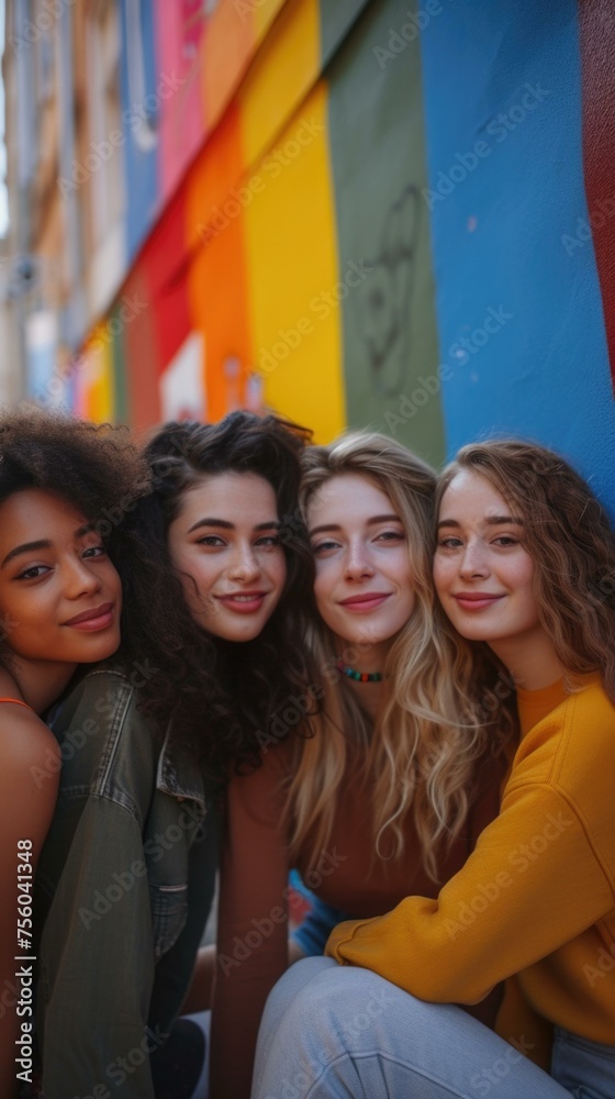 Poster Four young women posing for a photo in front of a colorful wall. Generative AI.