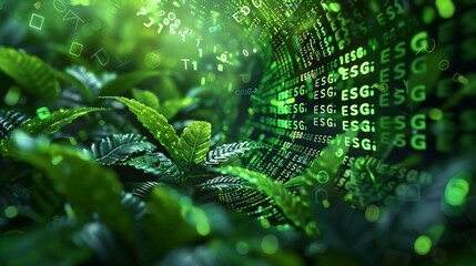 digital forest with  green matrix binary code forms the letters ESG , symbolizing the concept of Environmental, Social, and Governance.
