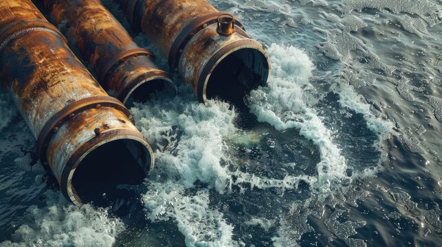 dirty water pollution. Industrial and factory wastewater discharge pipe into the canal and sea, Sewage pipe outfall into the river, the river is polluted. Environmental concept