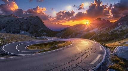 Craft a stunning image of a mountain road winding through the Dolomites in Italy, bathed in the warm hues of a colorful summer sunset.  