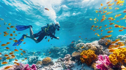 male scuba diver, swimming underwater, under tropical sea clear blue, Colorful coral reef,...