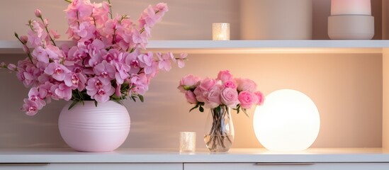 Pink flowers in a circular vase atop a white shelving unit. Lovely home decoration accentuated by soft lighting.