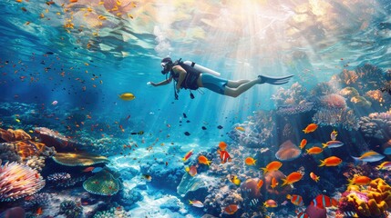 male scuba diver, swimming underwater, under tropical sea clear blue, Colorful coral reef,...