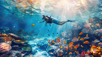 Keuken spatwand met foto male scuba diver, swimming underwater, under tropical sea clear blue, Colorful coral reef, underwater and  the seabed, snorkeling amongst many exotic fish © Ilmi