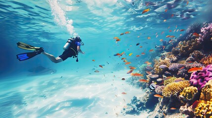 male scuba diver, swimming underwater, under tropical sea clear blue, Colorful coral reef, underwater and  the seabed, snorkeling amongst many exotic fish