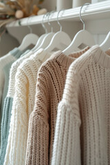 Fototapeta na wymiar Knitted woolen comfy sweaters in pastel colors close-up, ai generated