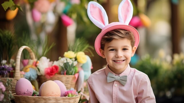 Cute little boy wearing bunny ears. Easter hunting concept