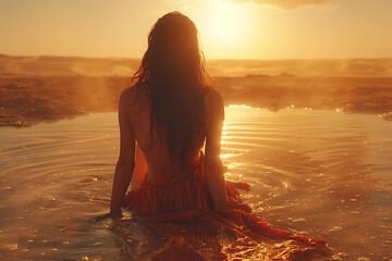A woman sits in the calm water during sunset, surrounded by the soft glow of the setting sun