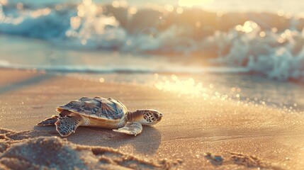 Little sea turtle on the sandy beach in morning time. Baby green turtle. Sea animals
