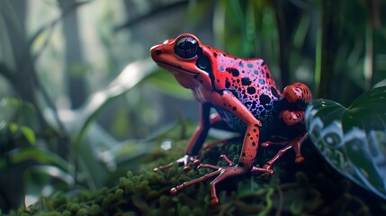 macro of a magenta poison dart frog sitting in a tropical rainforest