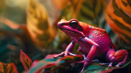 Foto op Canvas macro of a magenta poison dart frog sitting in a tropical rainforest © Ziyan Yang