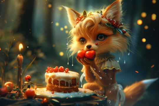 A painting depicting a fox eagerly munching on a piece of cake