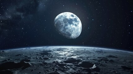 Naklejka na ściany i meble Moon surface in bright. dark sky seen from space the night sky 