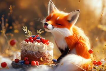 A fox is using its sense of smell to investigate a cake topped with fresh berries, painting, cartoon