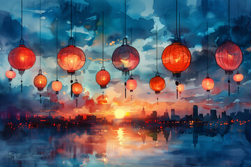 A painting depicting lanterns suspended in the air above a rooftop