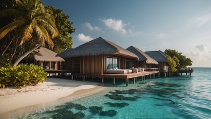Fototapeta premium Sumptuous beachfront retreat on the idyllic shores of the Maldives, boasting unparalleled views of turquoise waters and overwater bungalows with direct access to the Ocean