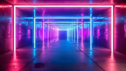 Neon light abstract background. Tunnel or corridor pink blue neon glow lights. Laser lines and LED...