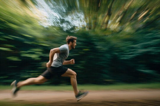 A man is captured running in a blurry motion in this dynamic photograph