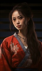 beautiful young asian woman portrait in national red kimono dress