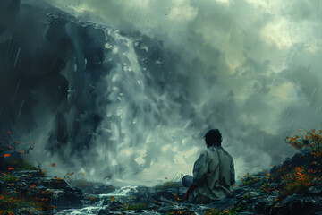 A painting depicting a man sitting in front of a powerful waterfall, captured in a moment of contemplation and awe