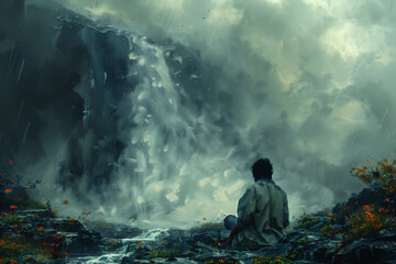 Fototapeta premium A painting depicting a man sitting in front of a powerful waterfall, captured in a moment of contemplation and awe