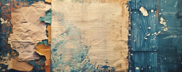 A collage of tattered paper and worn-out fabric textures in a rich palette of blue and ochre, exuding a vintage and rustic charm