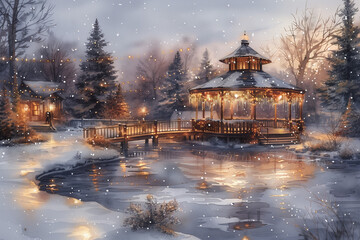 Painting of a gazebo covered in snow on a rooftop