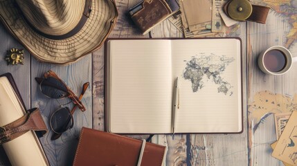 top view Open blank notebook with passport and tourist accessories on the table. travel banner.