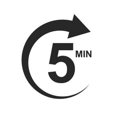 Five minutes icon with round arrow. 5 min stopwatch or countdawn sign. Sport or cooking timer isolated on white background. Delivery, deadline, duration pictogram. Vector graphic illustration.