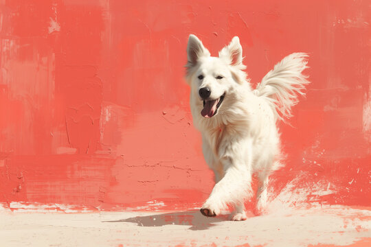 A full-body portrait of an excited White Swiss Shepherd Dog running in front of a vibrant red wall, copy space