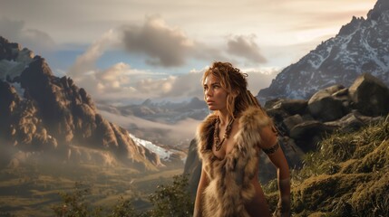 Prehistoric Woman, Mountain Range Backdrop - obrazy, fototapety, plakaty