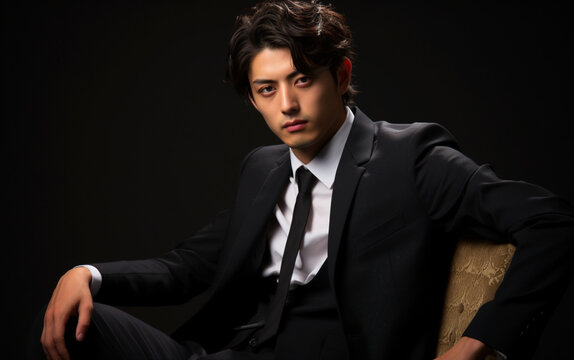 Handsome Japanese bad man with a bad attitude, bad manners, 27 years old, moody, yawning, realstic photo, full body image, sitting pose, black suit, golden ratio, short black hair, no makeup