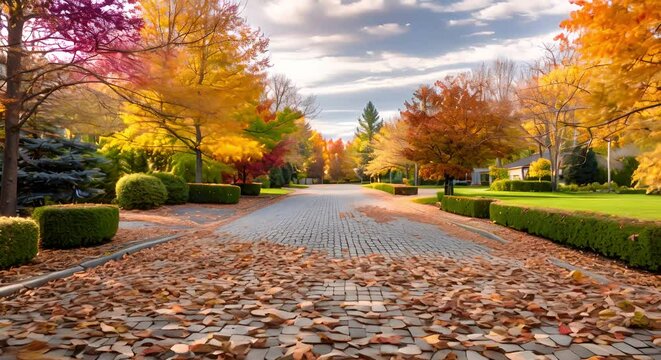 Colorful Trees Lining Cobblestone Road
