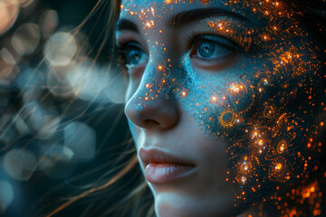A close-up of a womans face adorned with shimmering gold and blue glitter, creating a striking visual effect