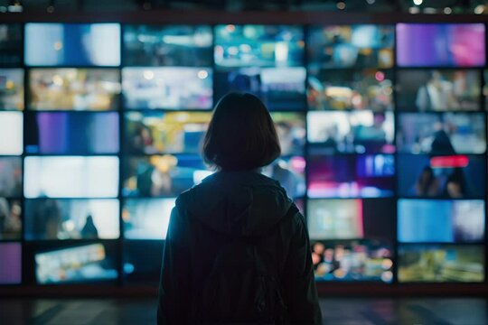 Person Standing in Front of a Wall of Television Screens