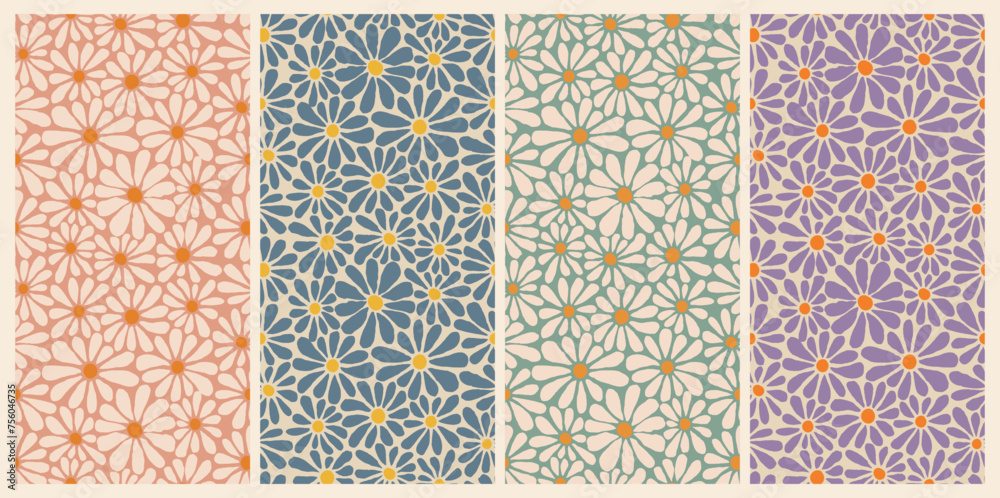 Poster daisy flower seamless patterns set. vector decorative warp floral texture. boho and groovy psychedel