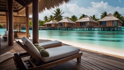 Fototapeta premium Sumptuous beachfront retreat on the idyllic shores of the Maldives, boasting unparalleled views of turquoise waters and overwater bungalows with direct access to the Ocean