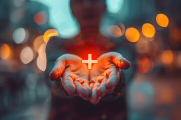 Person Holding Lit Red Cross in Abstract Photography, To convey a message of help, hope, and...