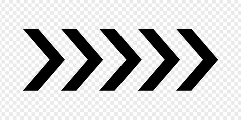 Black chevron arrows. Repeated V shaped stripes. Road caution, military or army, navigation or orientation, download or next sign isolated on transparent background. Vector flat illustration.