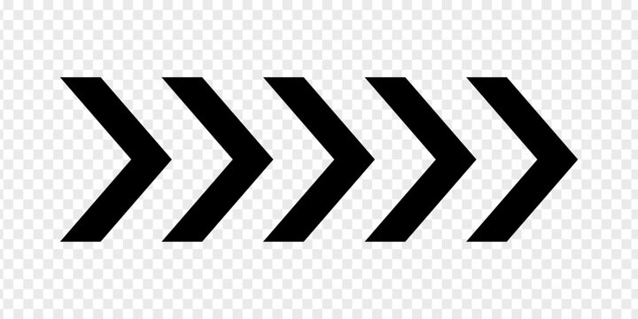 Black chevron arrows. Repeated V shaped stripes. Road caution, military or army, navigation or orientation, download or next sign isolated on transparent background. Vector flat illustration.