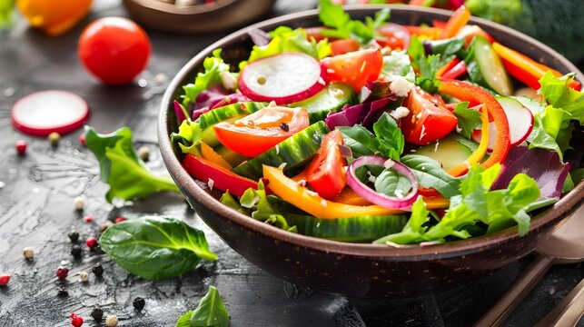 Vibrant and Fresh Organic Salad, To convey a sense of freshness, health, and deliciousness of an organic salad, suitable as a still life image for a