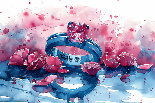 Proposal ring with pink diamond, sign marry me and flowers around Watercolor artwork 