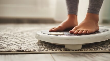 Woman Weighing Herself at Home, To convey the importance of regular self-weighing and monitoring as part of a healthy lifestyle