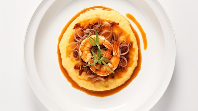 Image showcasing FLORIDA ROCK SHRIMP accompanied by WILD HIVE POLENTA and RED EYE GRAVY served on a white round plate against a white background, captured from a top-down perspective